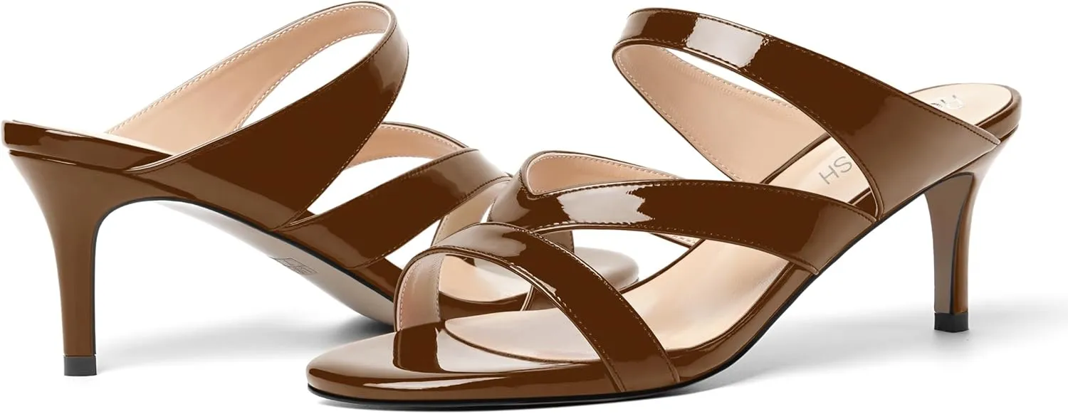 ROSERWISH Womens Strappy Slip On Patent Stylish Party Casual Open Toe Stiletto Mid Heel Heeled Sandals 2.5 Inch