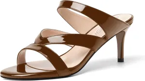 ROSERWISH Womens Strappy Slip On Patent Stylish Party Casual Open Toe Stiletto Mid Heel Heeled Sandals 2.5 Inch