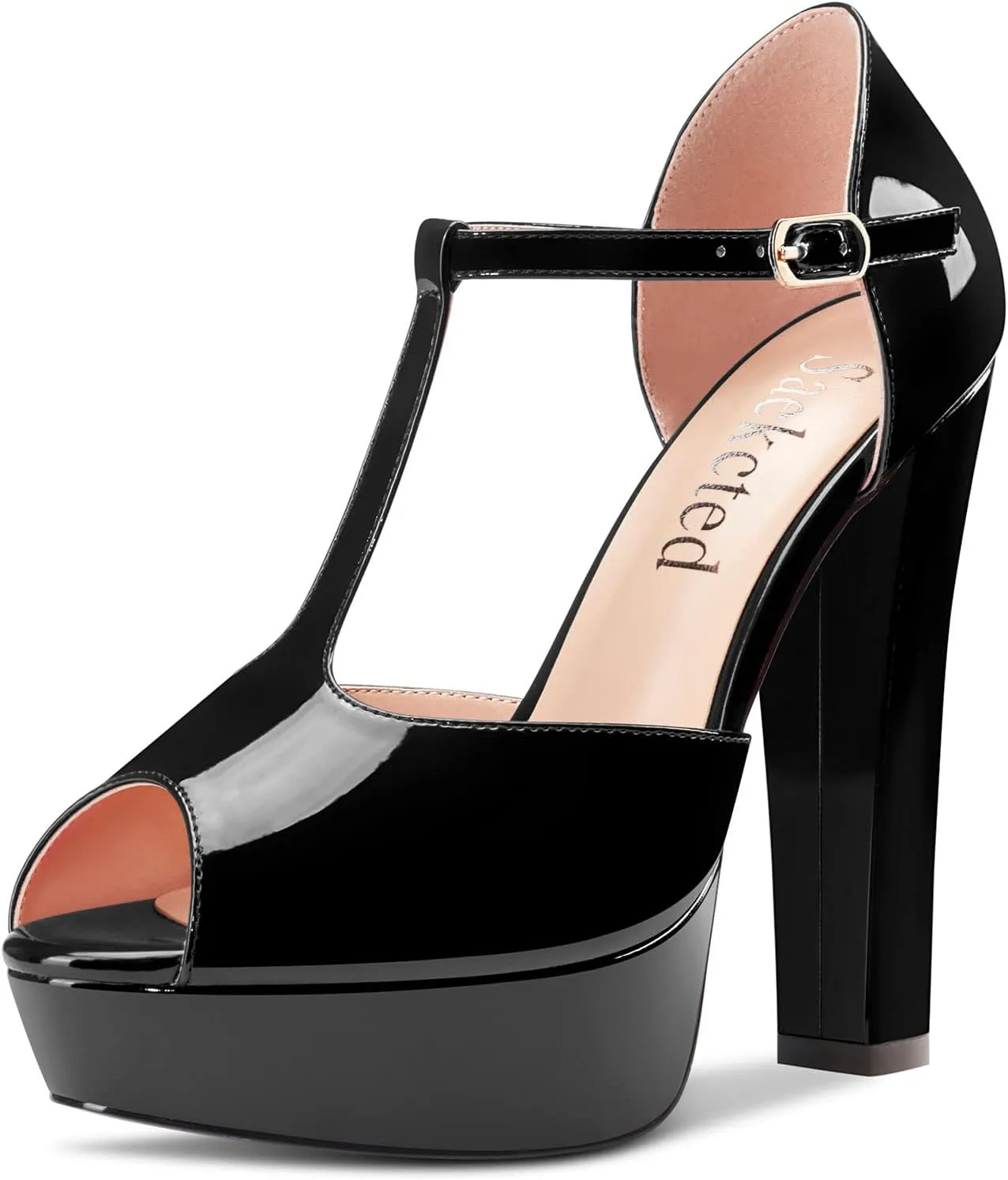 Saekcted Women Chunky Block High Heel Platform Peep Open Toe T-strap Sandals Wedding Office Dress 5.1 Inches Heels