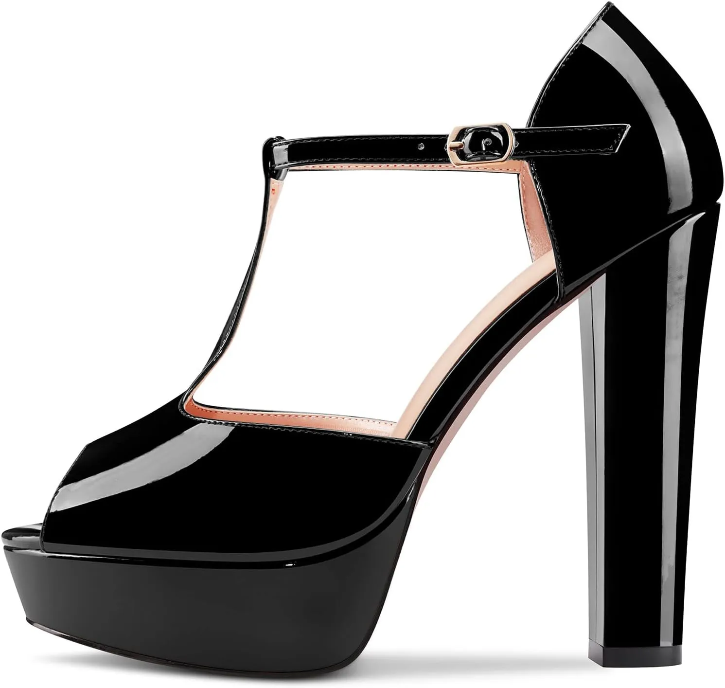 Saekcted Women Chunky Block High Heel Platform Peep Open Toe T-strap Sandals Wedding Office Dress 5.1 Inches Heels