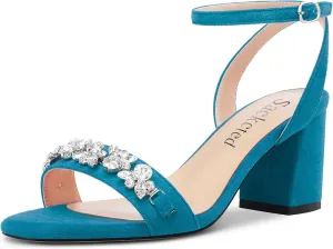 Saekcted Women Chunky Block Mid Heel Peep Open Toe Sandals Ankle Strap Rhinestone Crystal Casual Dress Shoes