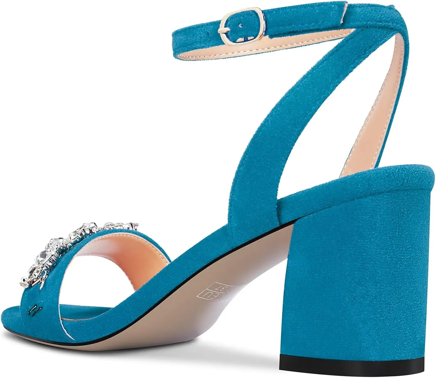 Saekcted Women Chunky Block Mid Heel Peep Open Toe Sandals Ankle Strap Rhinestone Crystal Casual Dress Shoes