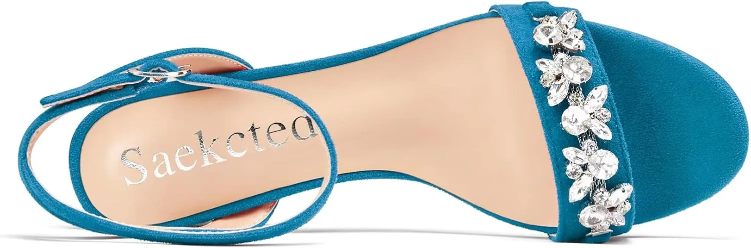 Saekcted Women Chunky Block Mid Heel Peep Open Toe Sandals Ankle Strap Rhinestone Crystal Casual Dress Shoes