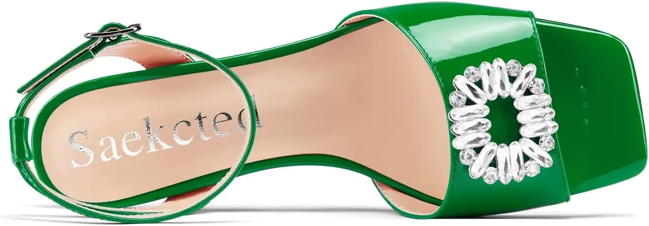 Saekcted Women Mid Heel Peep Open Toe Sandals Ankle Strap Rhinestone Crystal Party Cute Shoes