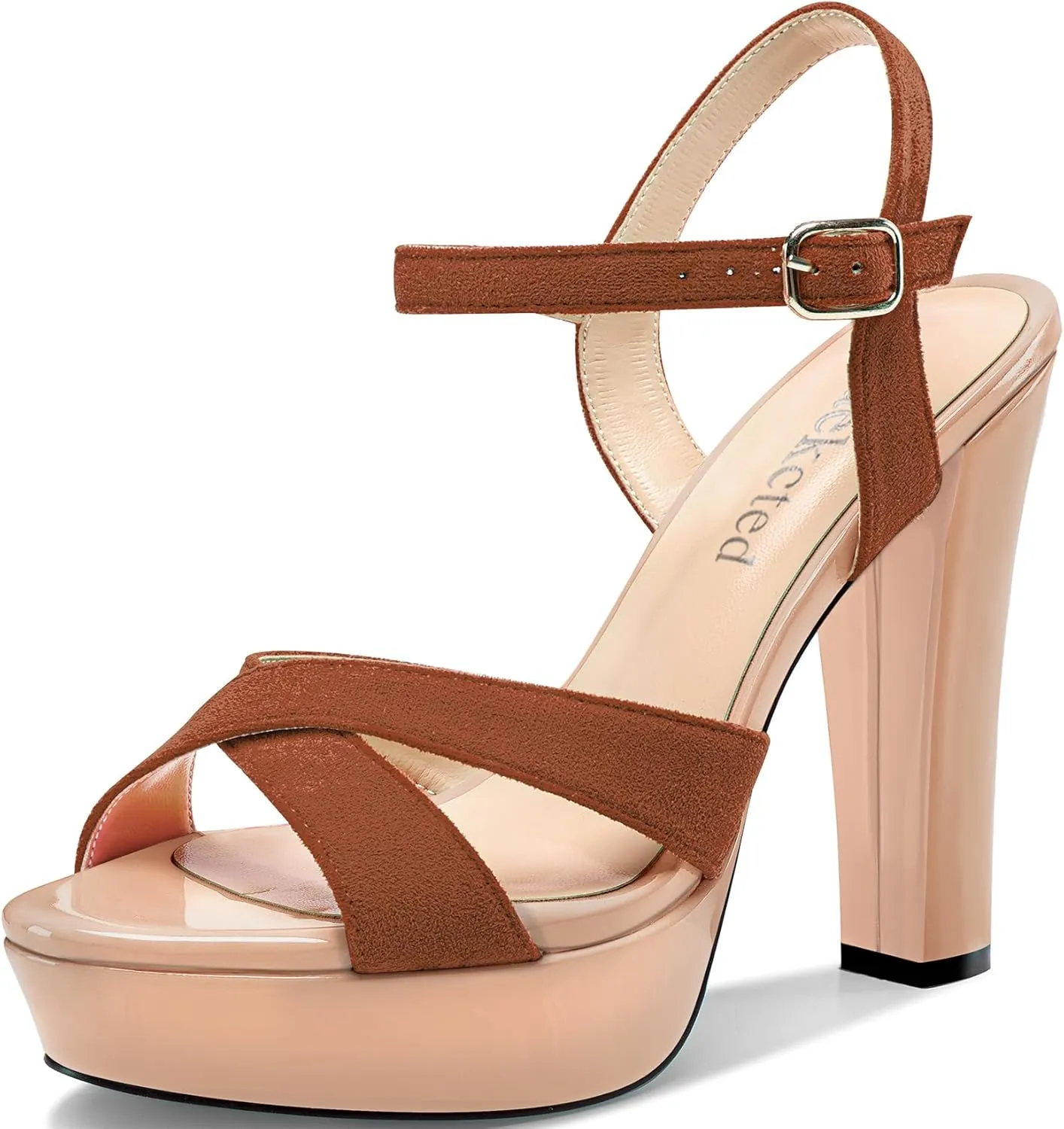 Saekcted Womens Chunky Block High Heel Open Toe Platform Ankle Strap Sandals Cross-Strap Patchwork Dress Shoes Casual Summer 5.1 Inches Heels