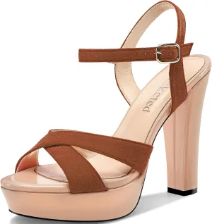 Saekcted Womens Chunky Block High Heel Open Toe Platform Ankle Strap Sandals Cross-Strap Patchwork Dress Shoes Casual Summer 5.1 Inches Heels