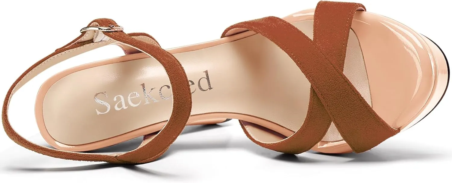 Saekcted Womens Chunky Block High Heel Open Toe Platform Ankle Strap Sandals Cross-Strap Patchwork Dress Shoes Casual Summer 5.1 Inches Heels