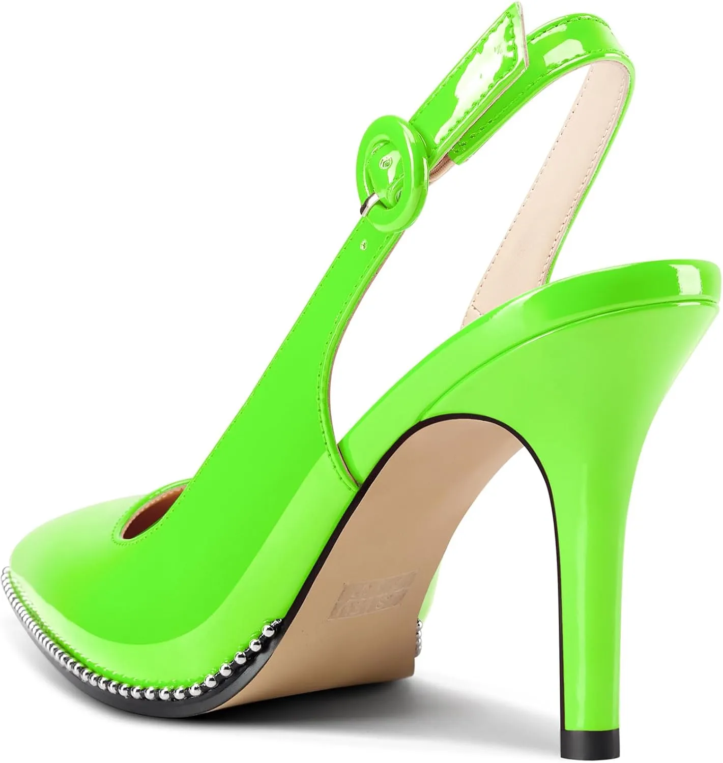 Saekcted Womens Stiletto High Heel Pointed Toe Beaded Pumps Sandals Slingback Slip-on Pearls Prom Dress Patent Leather Summer 3.5 Inches Heels
