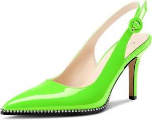 Saekcted Womens Stiletto High Heel Pointed Toe Beaded Pumps Sandals Slingback Slip-on Pearls Prom Dress Patent Leather Summer 3.5 Inches Heels