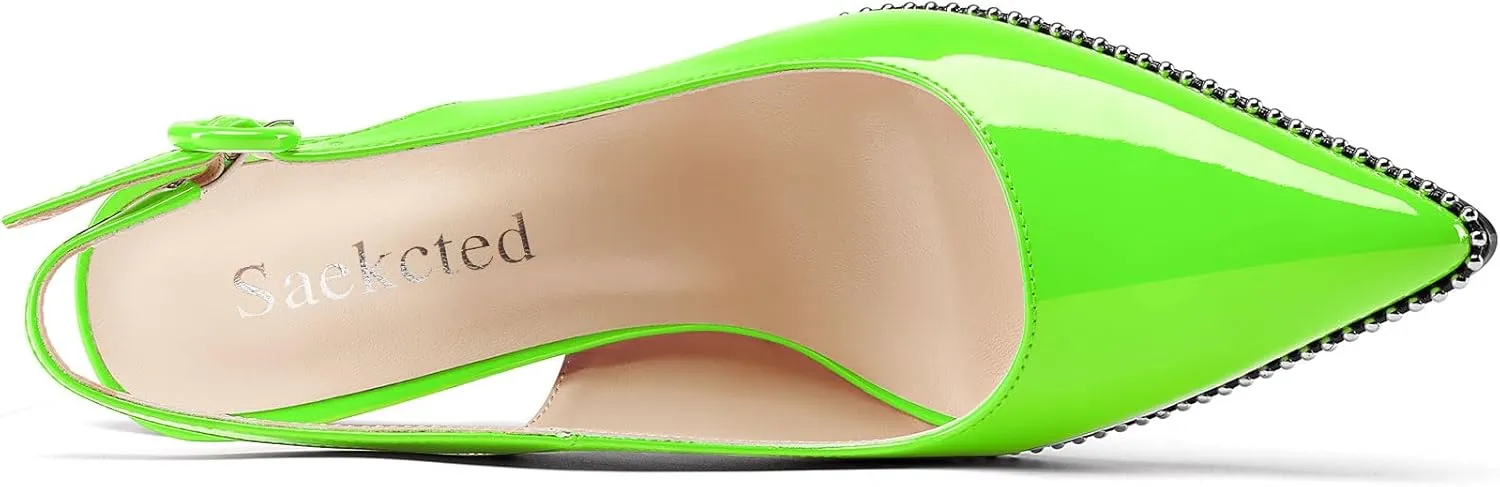 Saekcted Womens Stiletto High Heel Pointed Toe Beaded Pumps Sandals Slingback Slip-on Pearls Prom Dress Patent Leather Summer 3.5 Inches Heels
