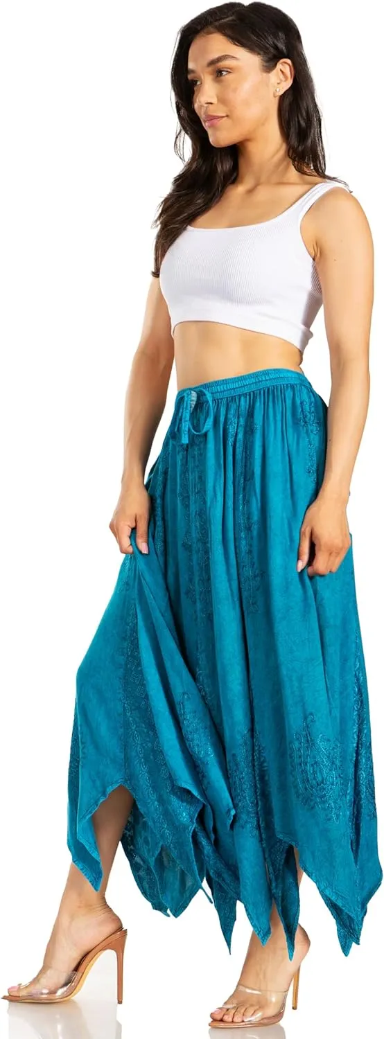 Sakkas Emery Womens Vintage Retro Maxi Rayon Embroidered Zigzag Hem Flowy Skirt