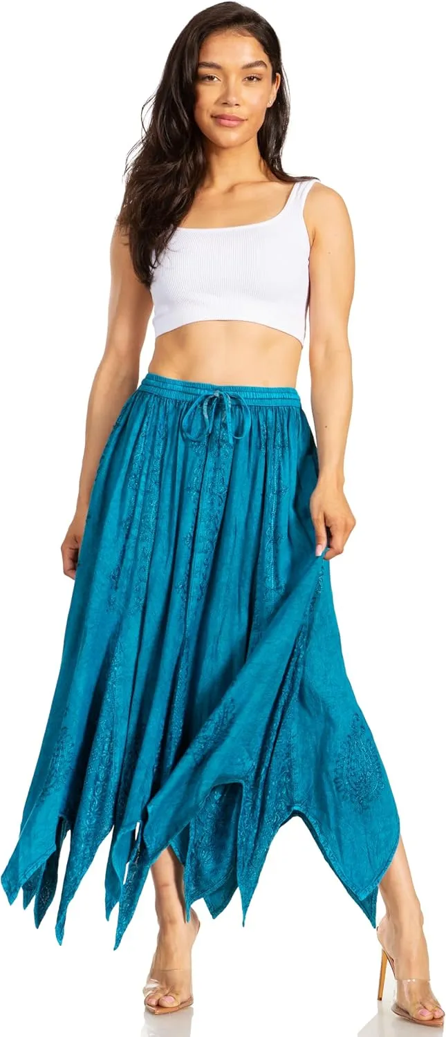 Sakkas Emery Womens Vintage Retro Maxi Rayon Embroidered Zigzag Hem Flowy Skirt