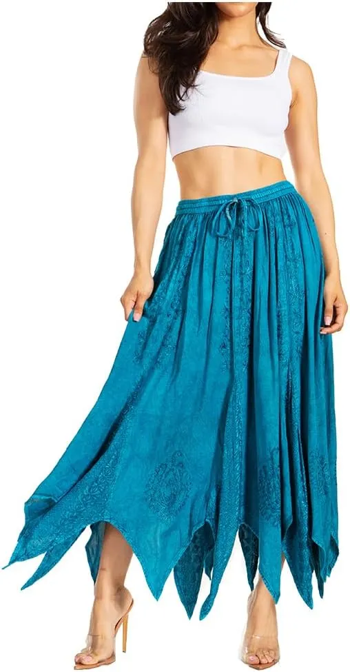 Sakkas Emery Womens Vintage Retro Maxi Rayon Embroidered Zigzag Hem Flowy Skirt