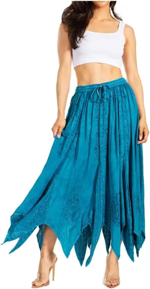 Sakkas Emery Womens Vintage Retro Maxi Rayon Embroidered Zigzag Hem Flowy Skirt