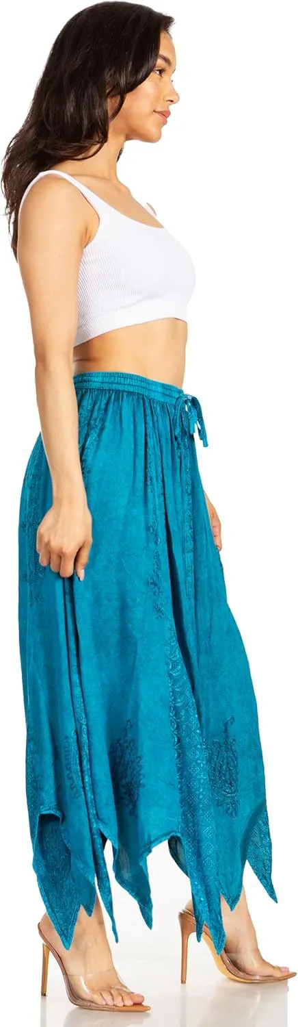 Sakkas Emery Womens Vintage Retro Maxi Rayon Embroidered Zigzag Hem Flowy Skirt