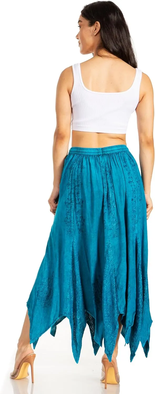 Sakkas Emery Womens Vintage Retro Maxi Rayon Embroidered Zigzag Hem Flowy Skirt