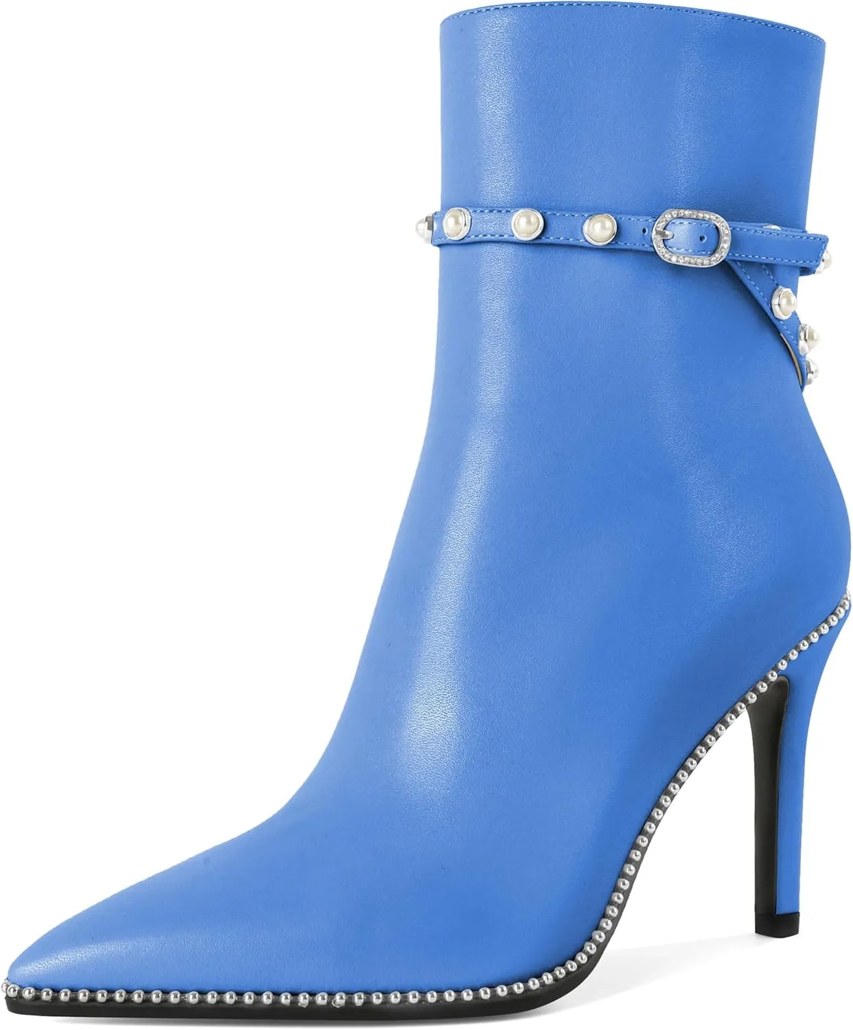 SAMMITOP Women Ankle Boots Short Bootie Close Pointed Toe Stiletto High Heel Booties Fashion Beaded Pearl Buckle Dress Shoes 4 Inch