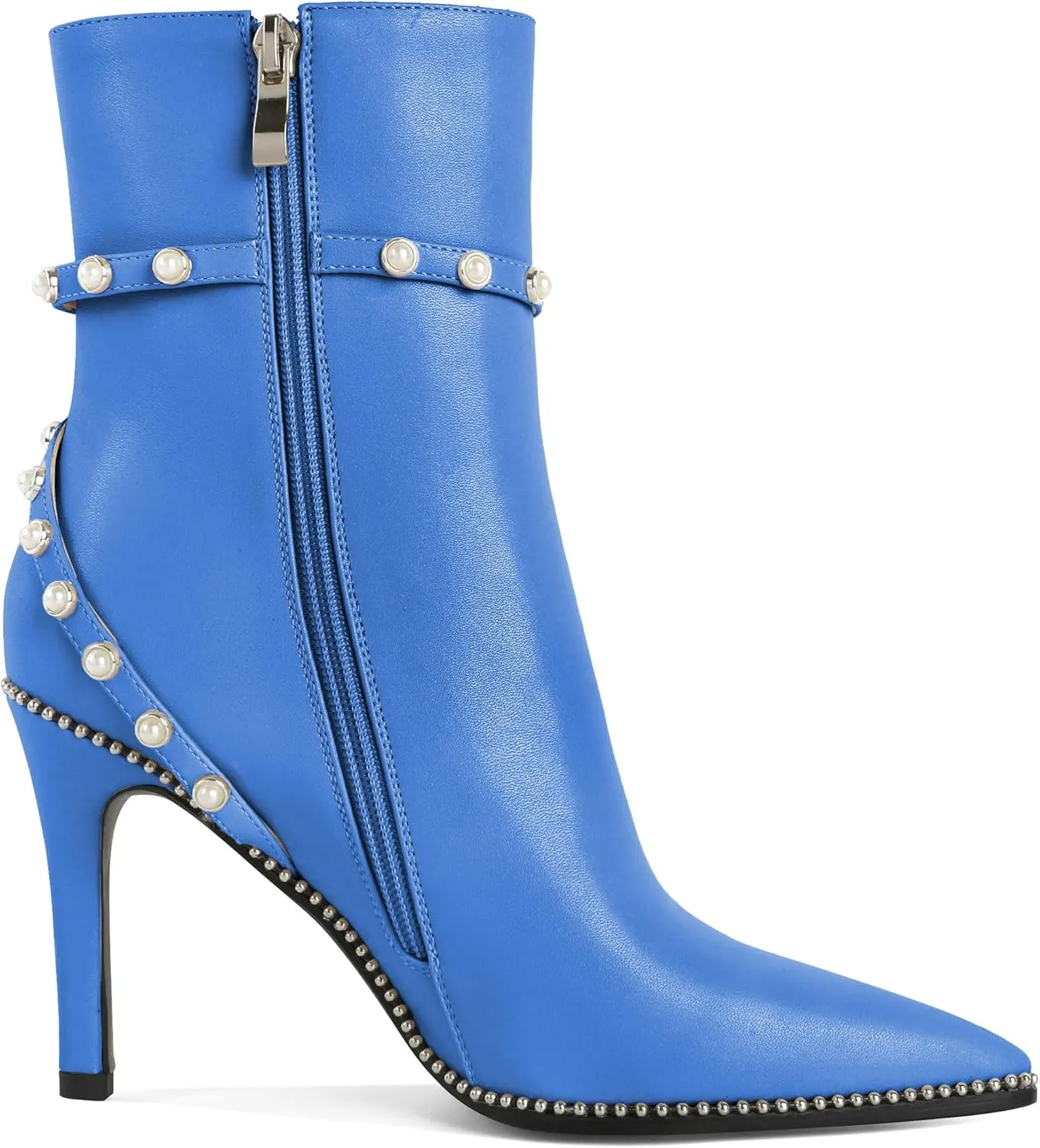 SAMMITOP Women Ankle Boots Short Bootie Close Pointed Toe Stiletto High Heel Booties Fashion Beaded Pearl Buckle Dress Shoes 4 Inch