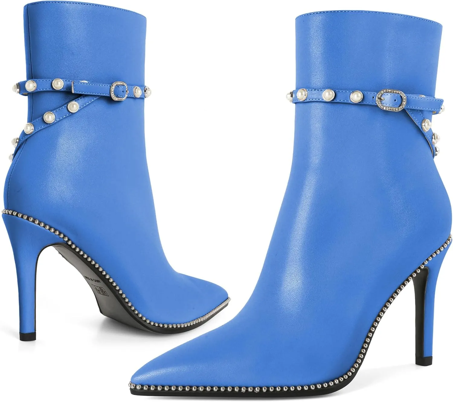 SAMMITOP Women Ankle Boots Short Bootie Close Pointed Toe Stiletto High Heel Booties Fashion Beaded Pearl Buckle Dress Shoes 4 Inch