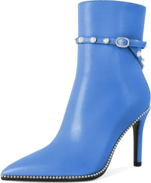 SAMMITOP Women Ankle Boots Short Bootie Close Pointed Toe Stiletto High Heel Booties Fashion Beaded Pearl Buckle Dress Shoes 4 Inch