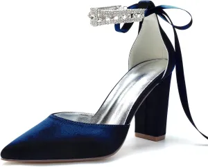 Sandal Satin Bridal Pointed Toe 9CM Block Heel Women's Ankle Strap Rhinestones Wedding Elegant Shoes Formal Pump Bowknot Strap,Dark Blue,10