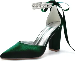 Sandal Satin Bridal Pointed Toe 9CM Block Heel Women's Ankle Strap Rhinestones Wedding Elegant Shoes Formal Pump Bowknot Strap,Dark Green,5