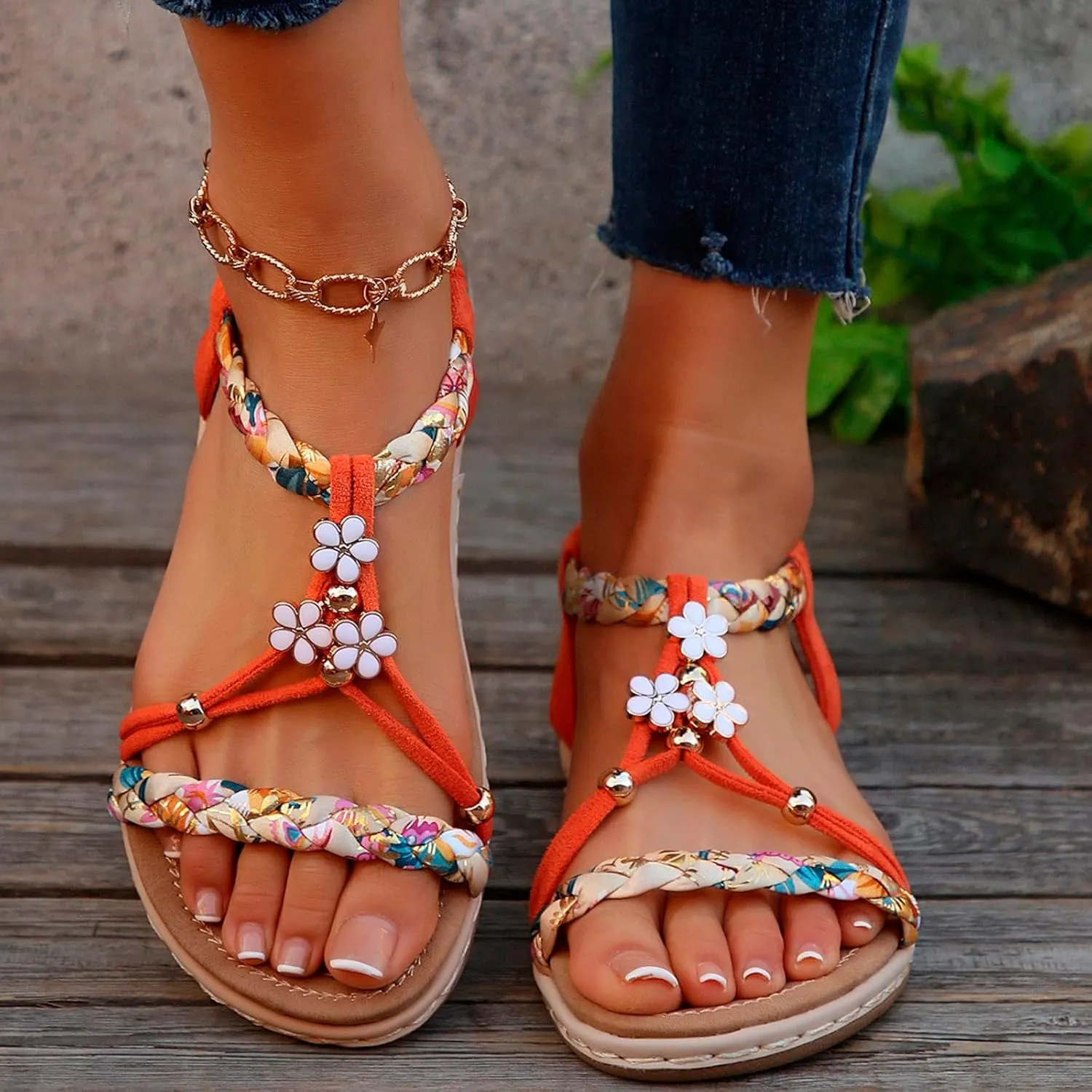 Sandals For Women 2025 Boho Beach Womens Hiking Shoes Elastic Ankle Strap Elegant Thong SandalsOpen Toe Wedges