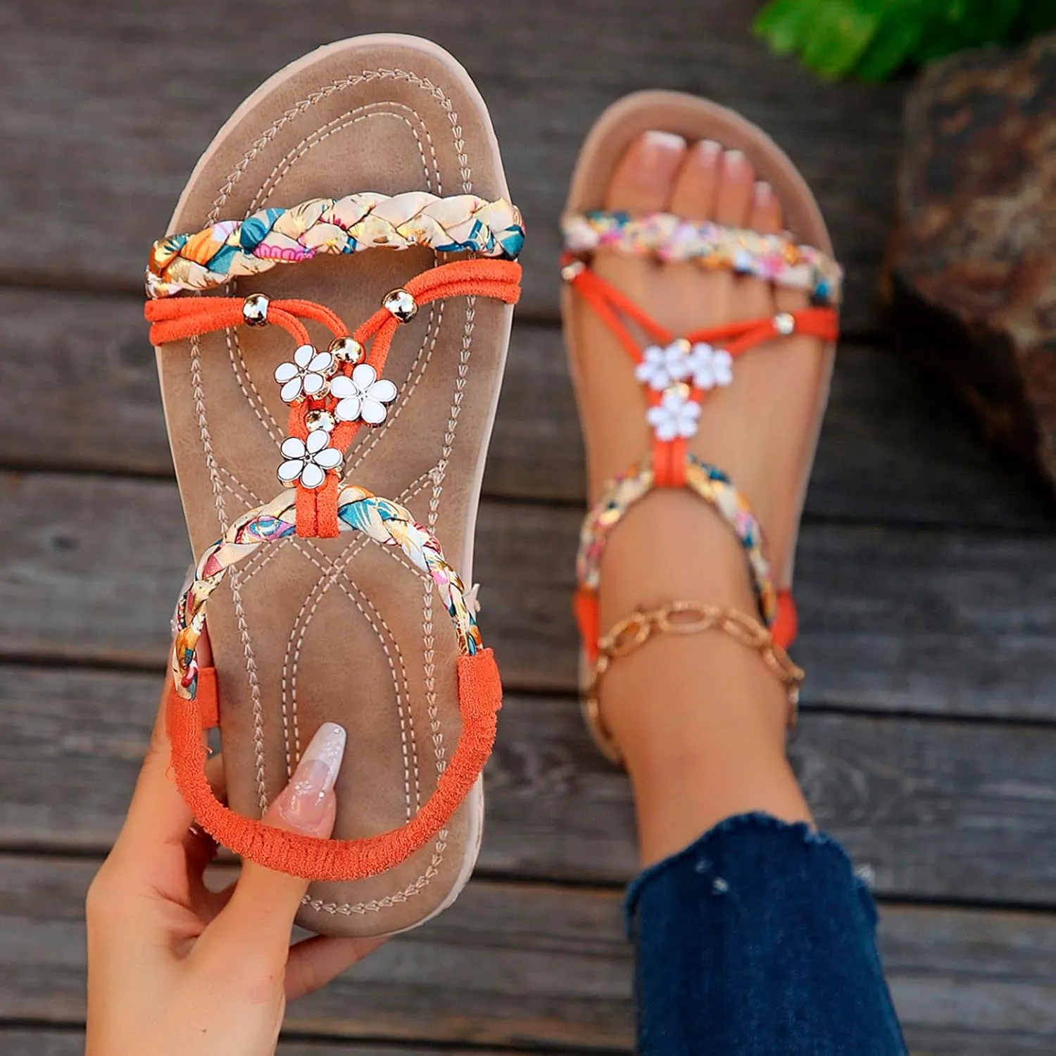 Sandals For Women 2025 Boho Beach Womens Hiking Shoes Elastic Ankle Strap Elegant Thong SandalsOpen Toe Wedges