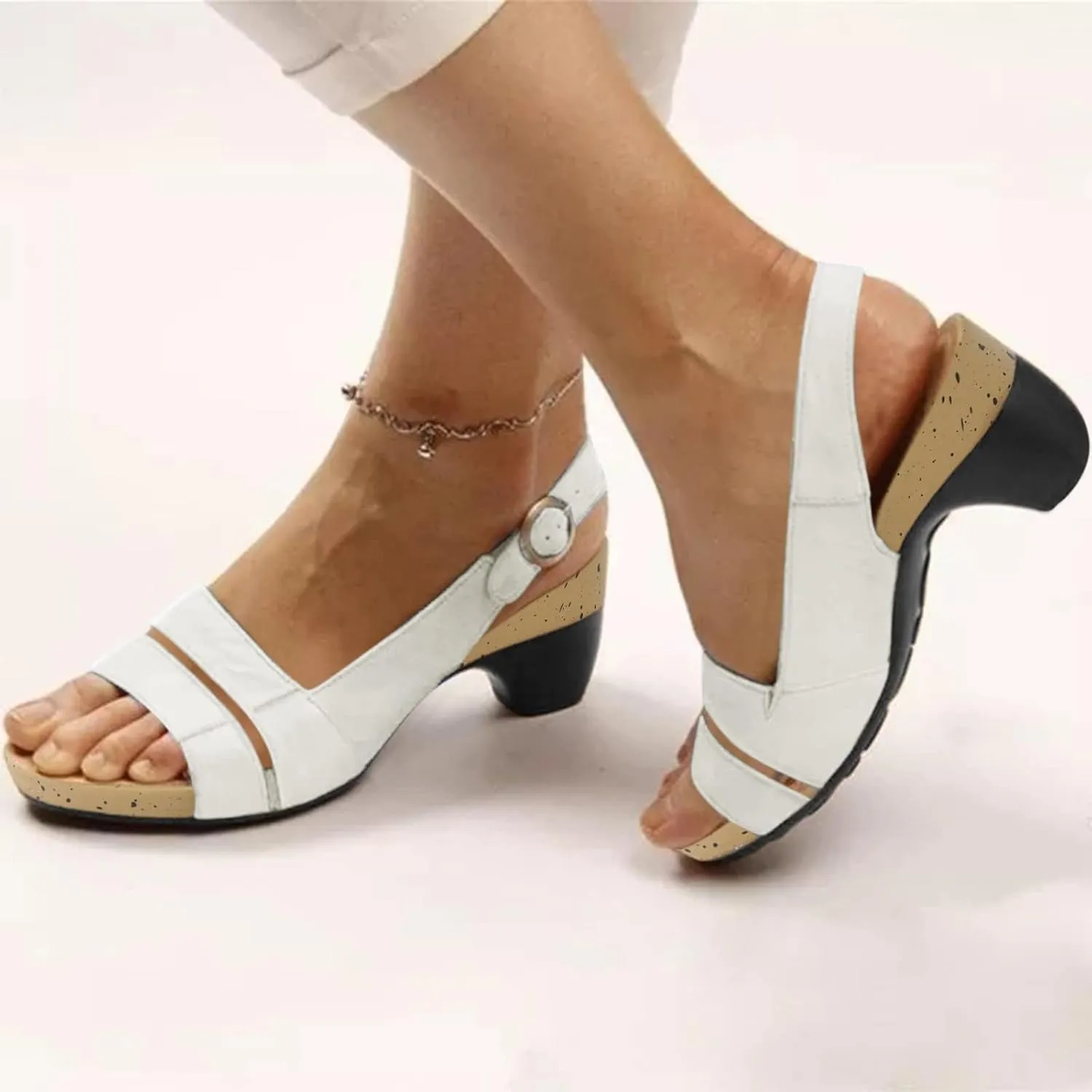 Sandals for Women 2025 Dressy Wedge Open Toe Slingback Platform Chunky Heels Sandal Orthopedic Sandals Dressy Low Heel Sandal with Ankle Strap Dressy Elegant Work Fashion Shoes Going Out Lightweight