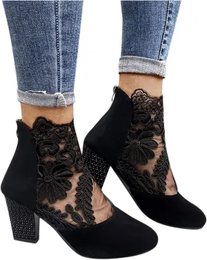 Sandals Women Dressy Summer, Sandals for Women Sexy Hollow Floral Lace Chunky High Heels Platform Boots Casual Boots