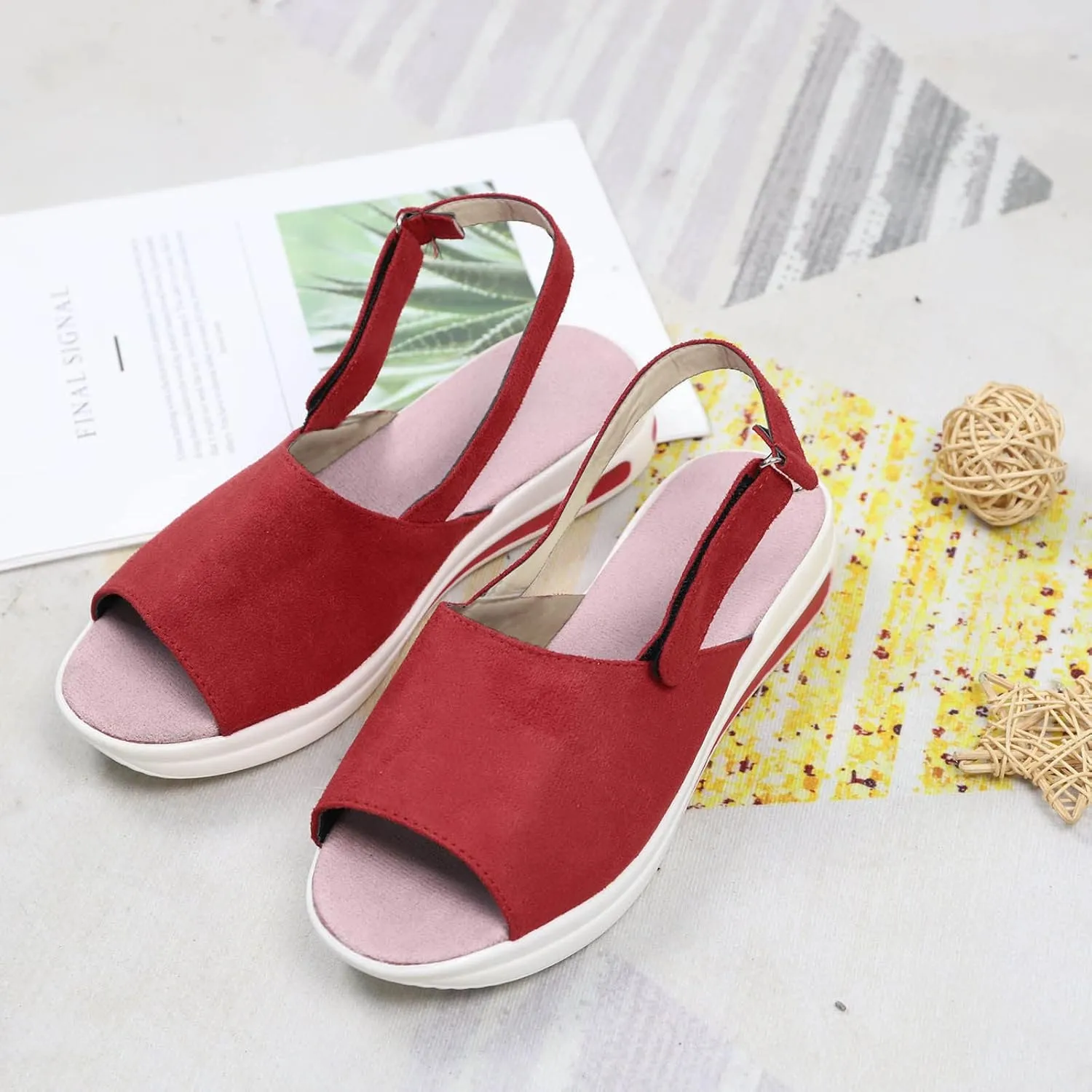 Sandals Women Wedges Platform,Wedge Sandals for Women Summer 2023 Women's Beach Casual Sandals Espadrilles Sandals Ankle Strap Buckle Open Toe Wedge Sandal Flip Flops Outdoor Sandals (A/Red, 8)