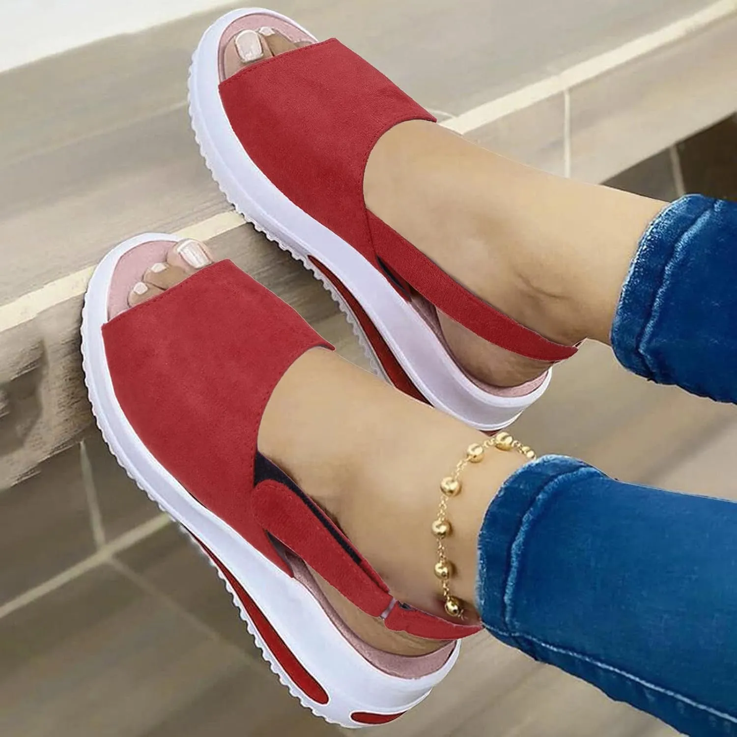 Sandals Women Wedges Platform,Wedge Sandals for Women Summer 2023 Women's Beach Casual Sandals Espadrilles Sandals Ankle Strap Buckle Open Toe Wedge Sandal Flip Flops Outdoor Sandals (A/Red, 8)