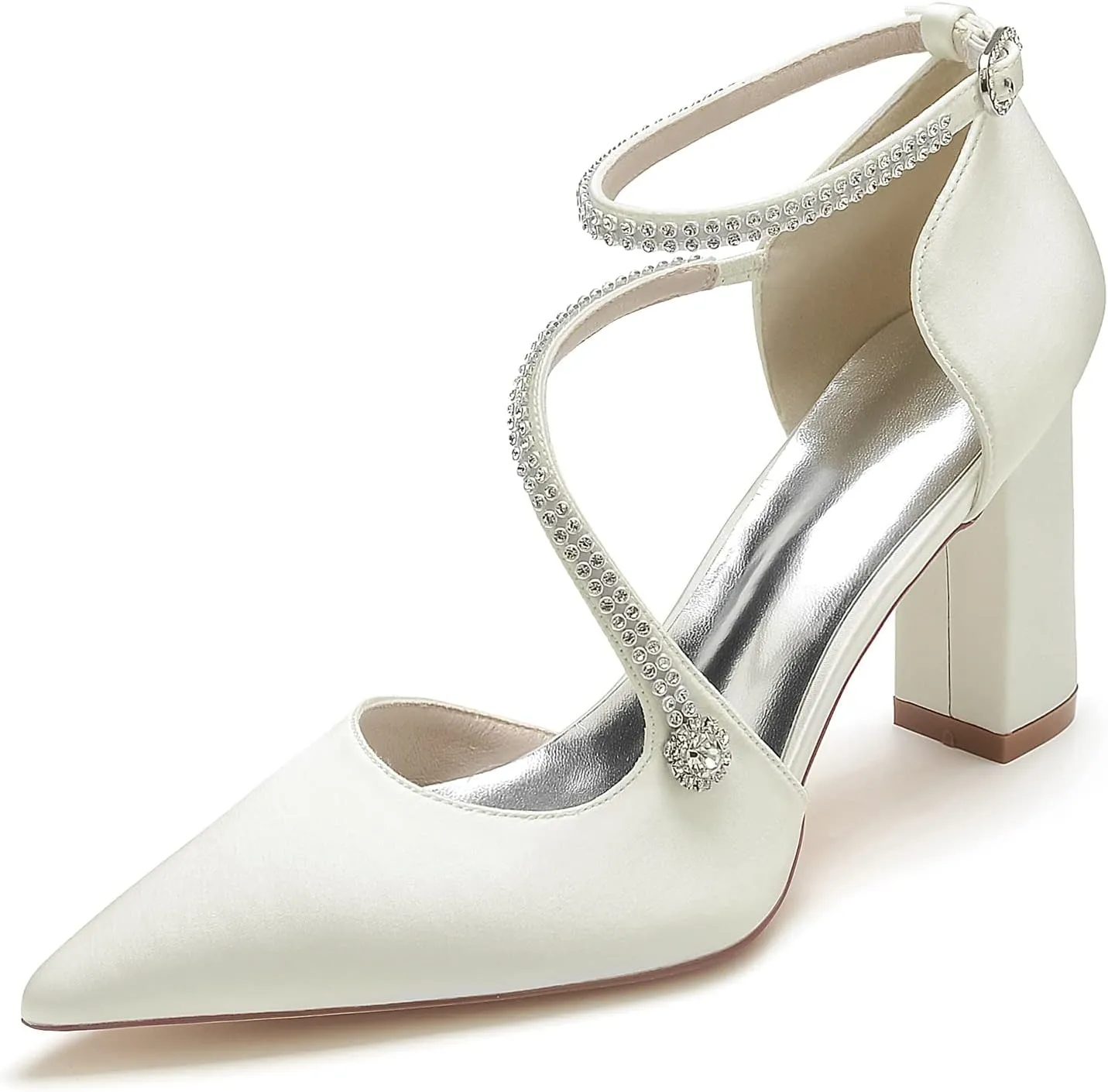 Satin Wedding Shoes for Bride Beaded Pointed Toe Block Sandals Pumps with Heels Heeled Closed Toe Ankle Buckle Strap Evening Party Dress Shoes Summer