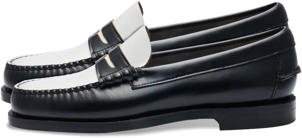 Sebago Women's Classic Dan Leather Penny Loafers – Hand-Sewn Slip-On Moccasins with Leather Sole & Timeless Design, Black-White - 8.5 Regular