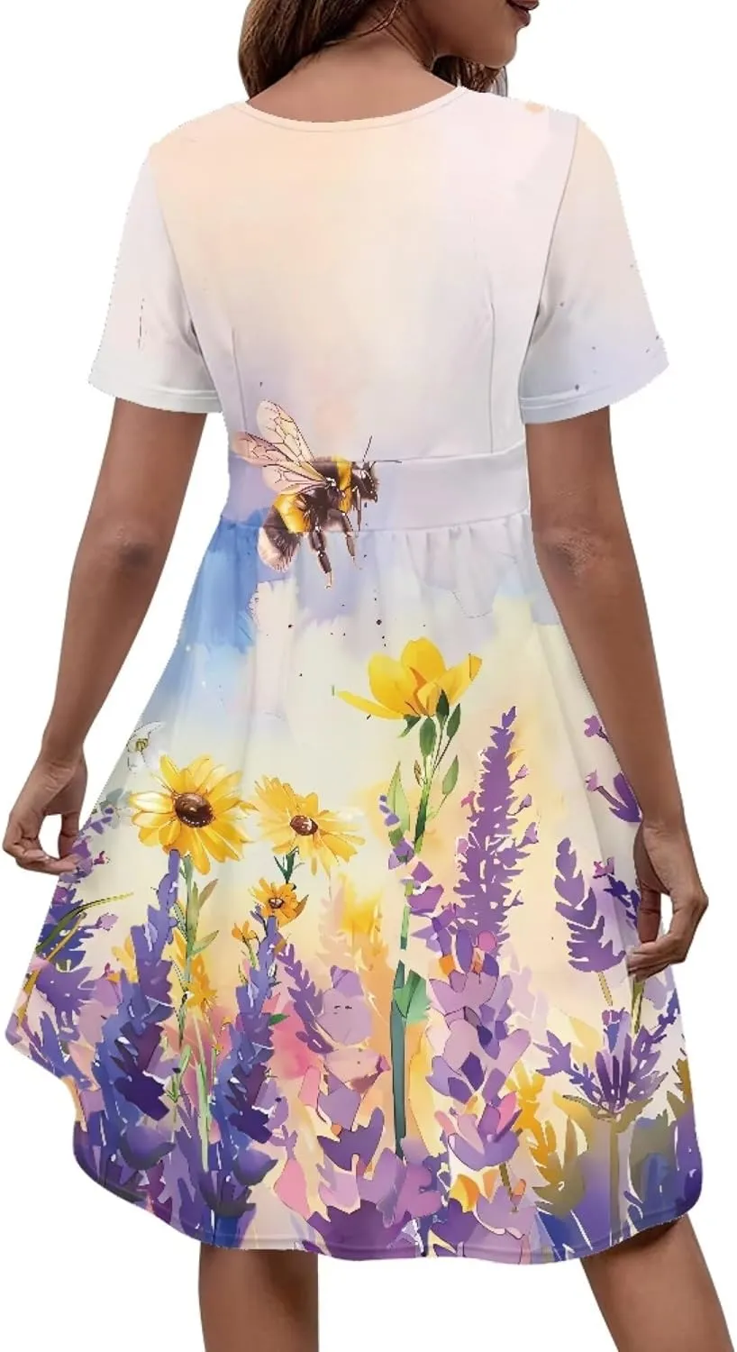 Sexy V Neck Dresses for Women Dress Casual Summer Fit and Flare Dresses Elegant Party Flowy Swing Skate Dress