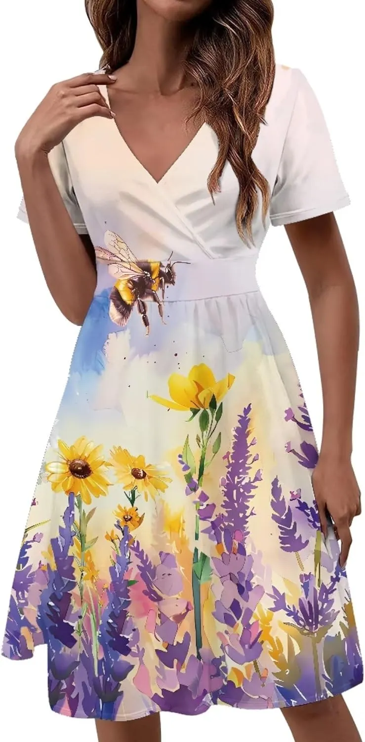 Sexy V Neck Dresses for Women Dress Casual Summer Fit and Flare Dresses Elegant Party Flowy Swing Skate Dress