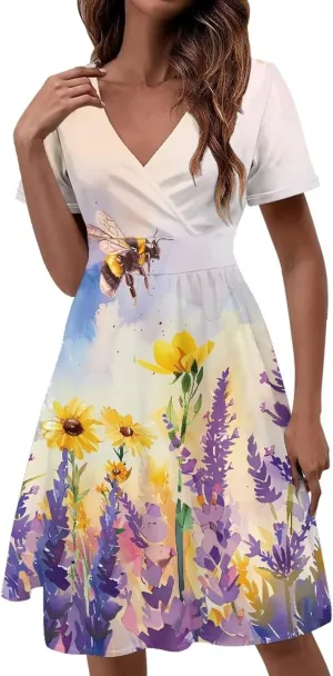 Sexy V Neck Dresses for Women Dress Casual Summer Fit and Flare Dresses Elegant Party Flowy Swing Skate Dress