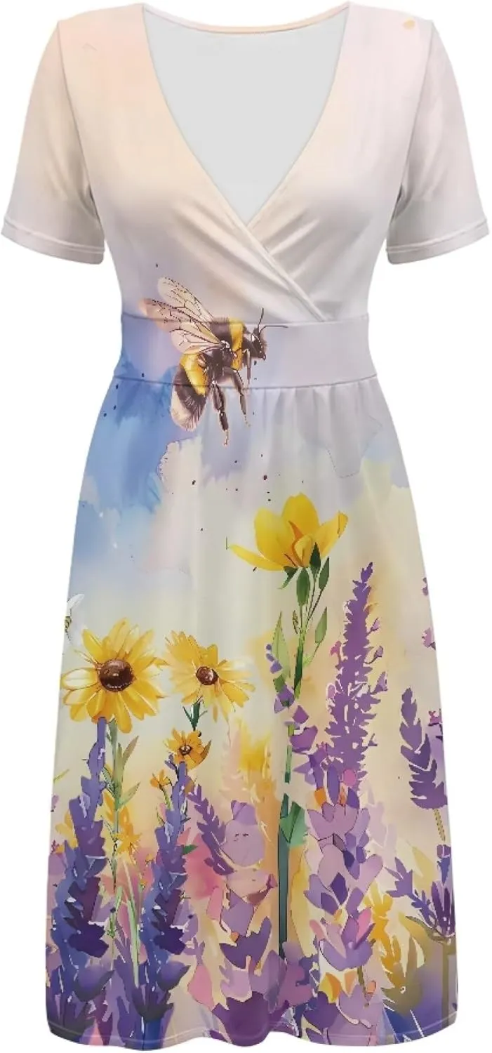 Sexy V Neck Dresses for Women Dress Casual Summer Fit and Flare Dresses Elegant Party Flowy Swing Skate Dress