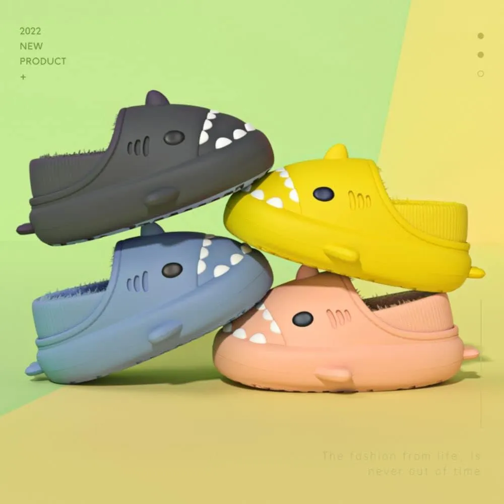 Shark Slides Women Men Boy Girl Waterproof Winter Warm Plush Comfy Sandals Non-Slip Thick Sole Cute Slippers Wrap Heel
