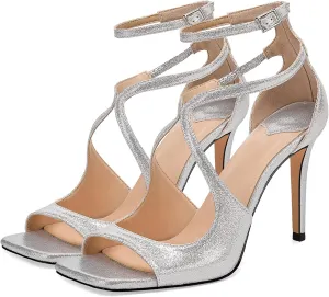 SHEMEE Women's Heeled Sandals Fashion Square Open Toe High Heels Ankle Strappy Buckled Sandals Party Dress Shoes