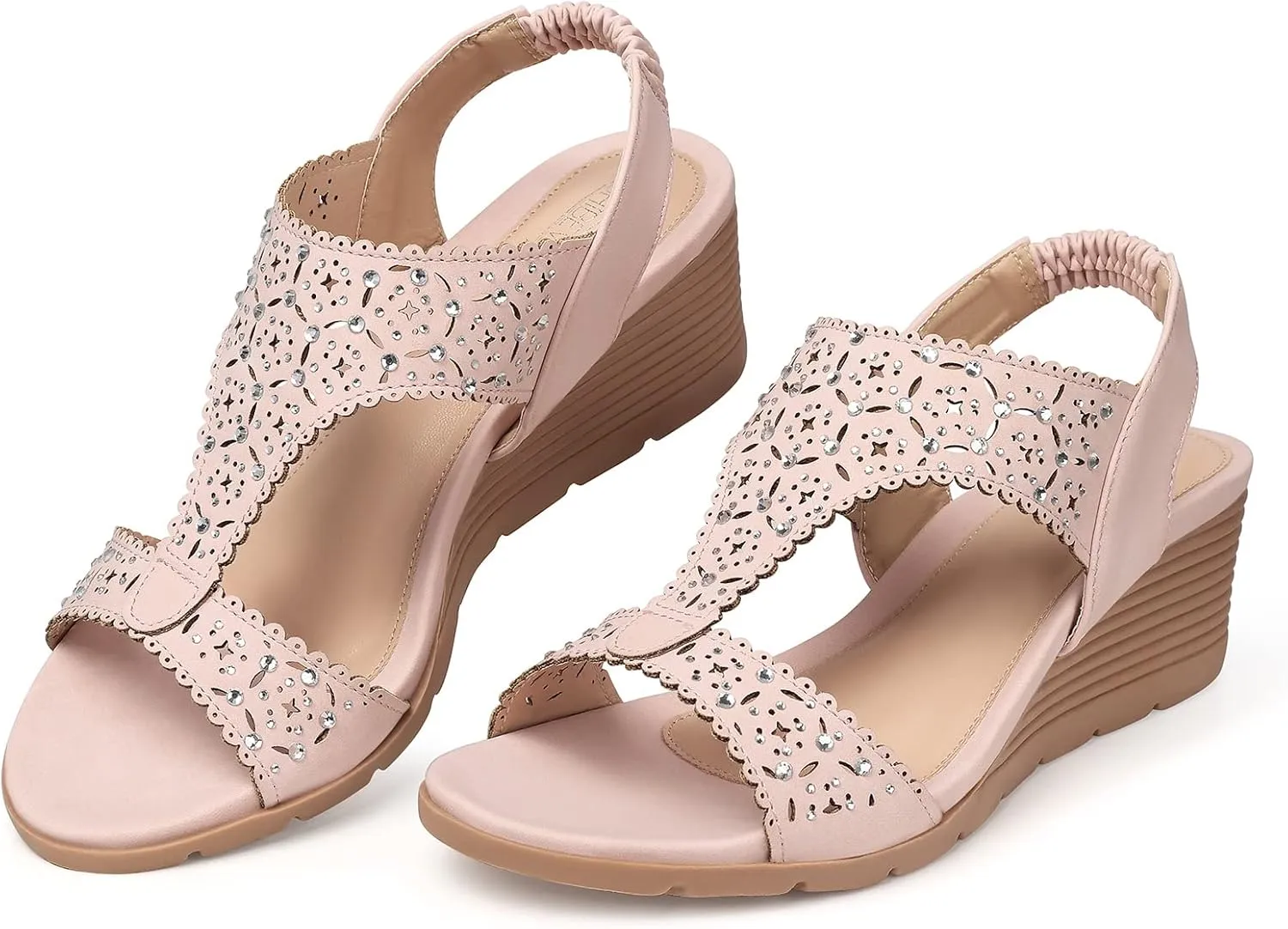 SHIBEVER Womens Sandals Wedge Low: Elastic Ankle Strap Wedge Sandals - Dressy Sandals Women - Comfortable Open Toe