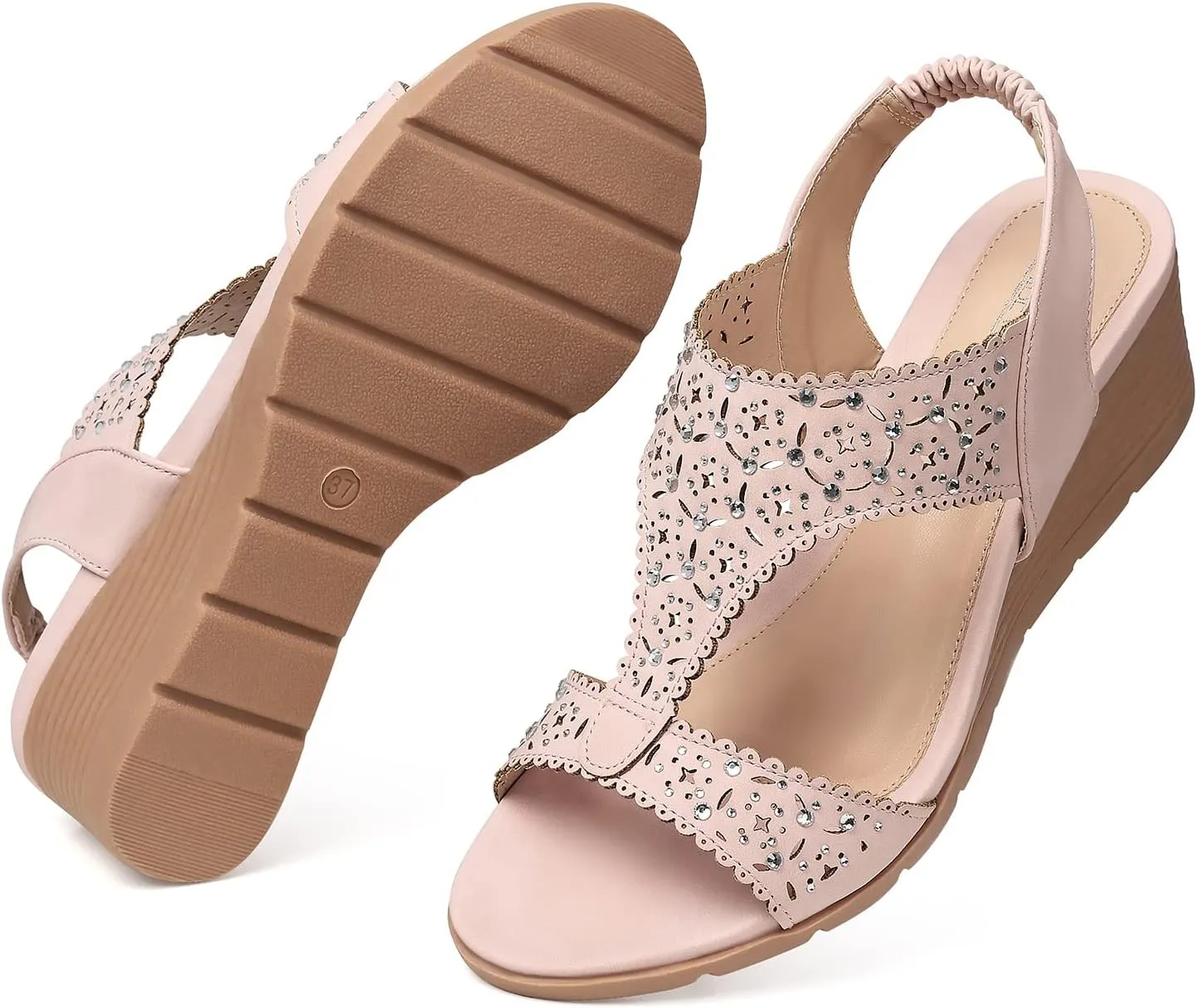 SHIBEVER Womens Sandals Wedge Low: Elastic Ankle Strap Wedge Sandals - Dressy Sandals Women - Comfortable Open Toe