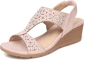 SHIBEVER Womens Sandals Wedge Low: Elastic Ankle Strap Wedge Sandals - Dressy Sandals Women - Comfortable Open Toe