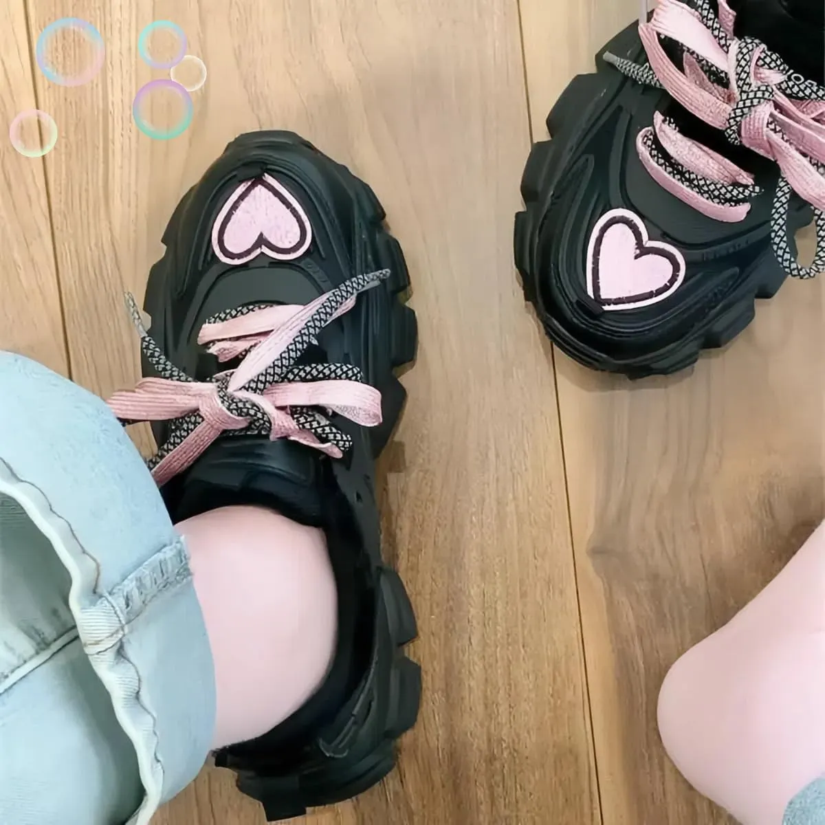 Shine Heart Pattern Sneakers Girls Y2K Streetwear Dad Shoes Sweet Hiphop Sport Style Cute Adorable Lace Up Ribbon Height Boost