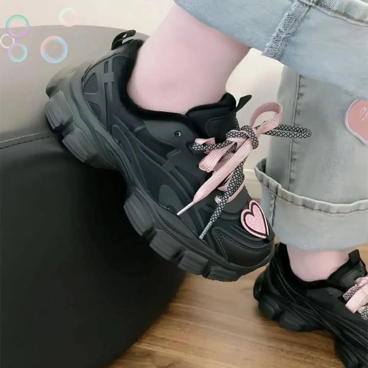 Shine Heart Pattern Sneakers Girls Y2K Streetwear Dad Shoes Sweet Hiphop Sport Style Cute Adorable Lace Up Ribbon Height Boost