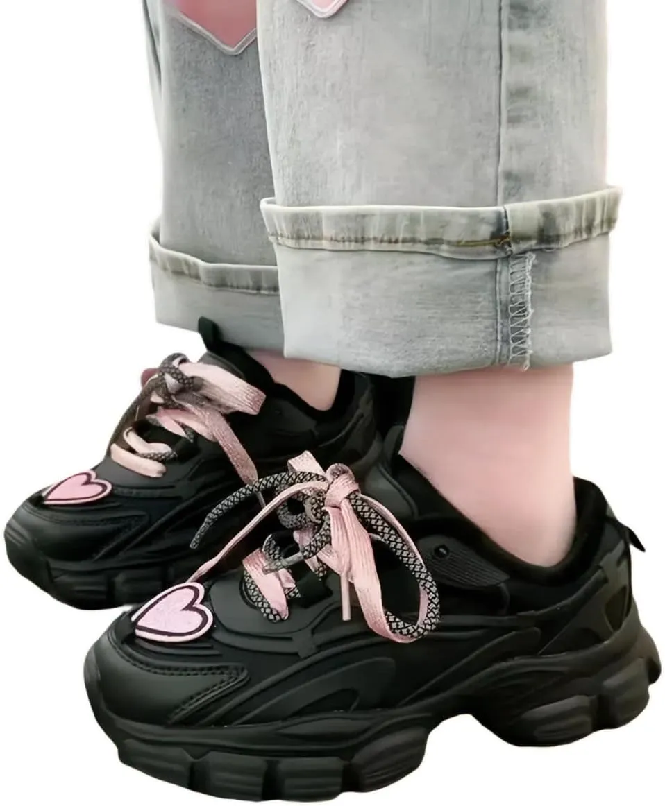 Shine Heart Pattern Sneakers Girls Y2K Streetwear Dad Shoes Sweet Hiphop Sport Style Cute Adorable Lace Up Ribbon Height Boost