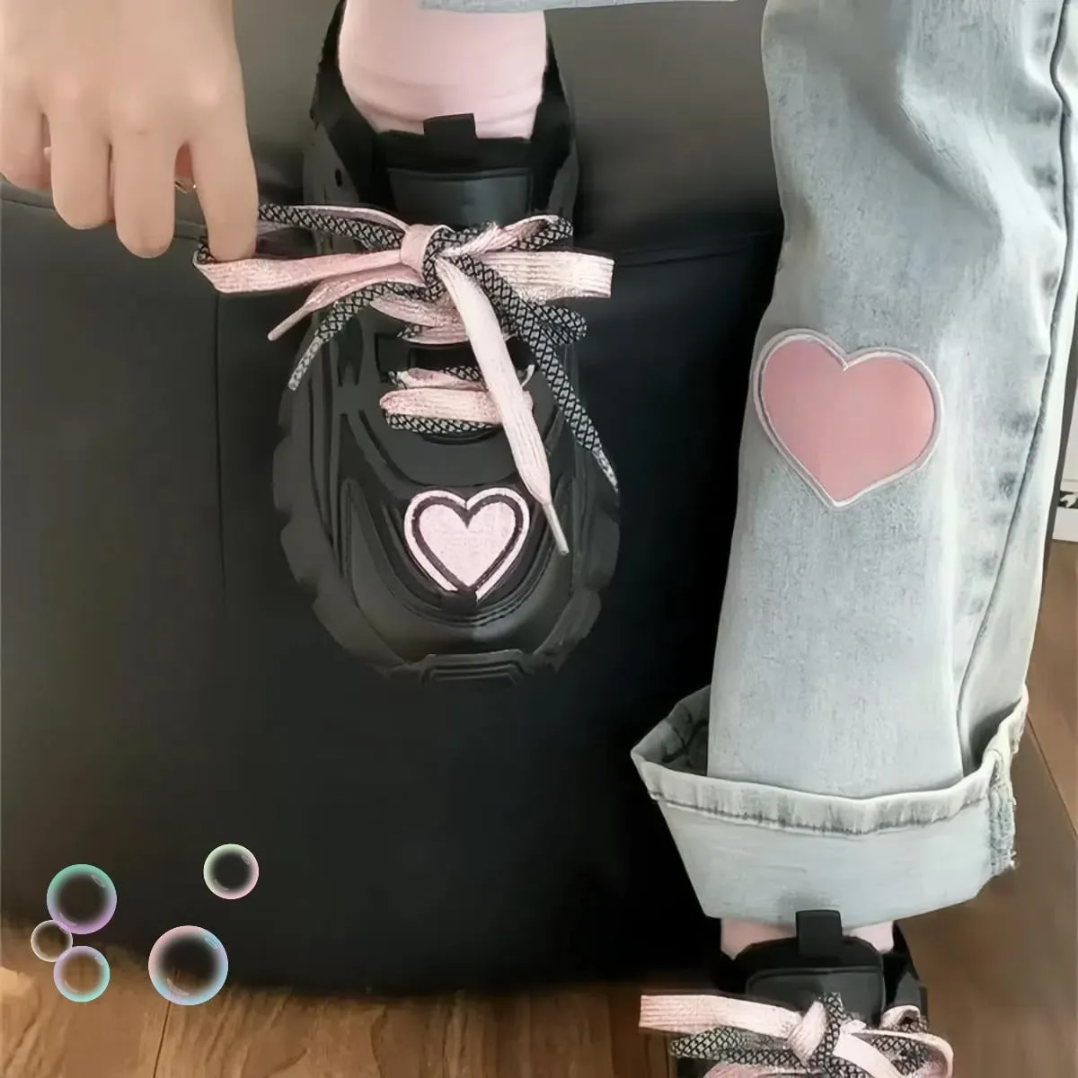 Shine Heart Pattern Sneakers Girls Y2K Streetwear Dad Shoes Sweet Hiphop Sport Style Cute Adorable Lace Up Ribbon Height Boost