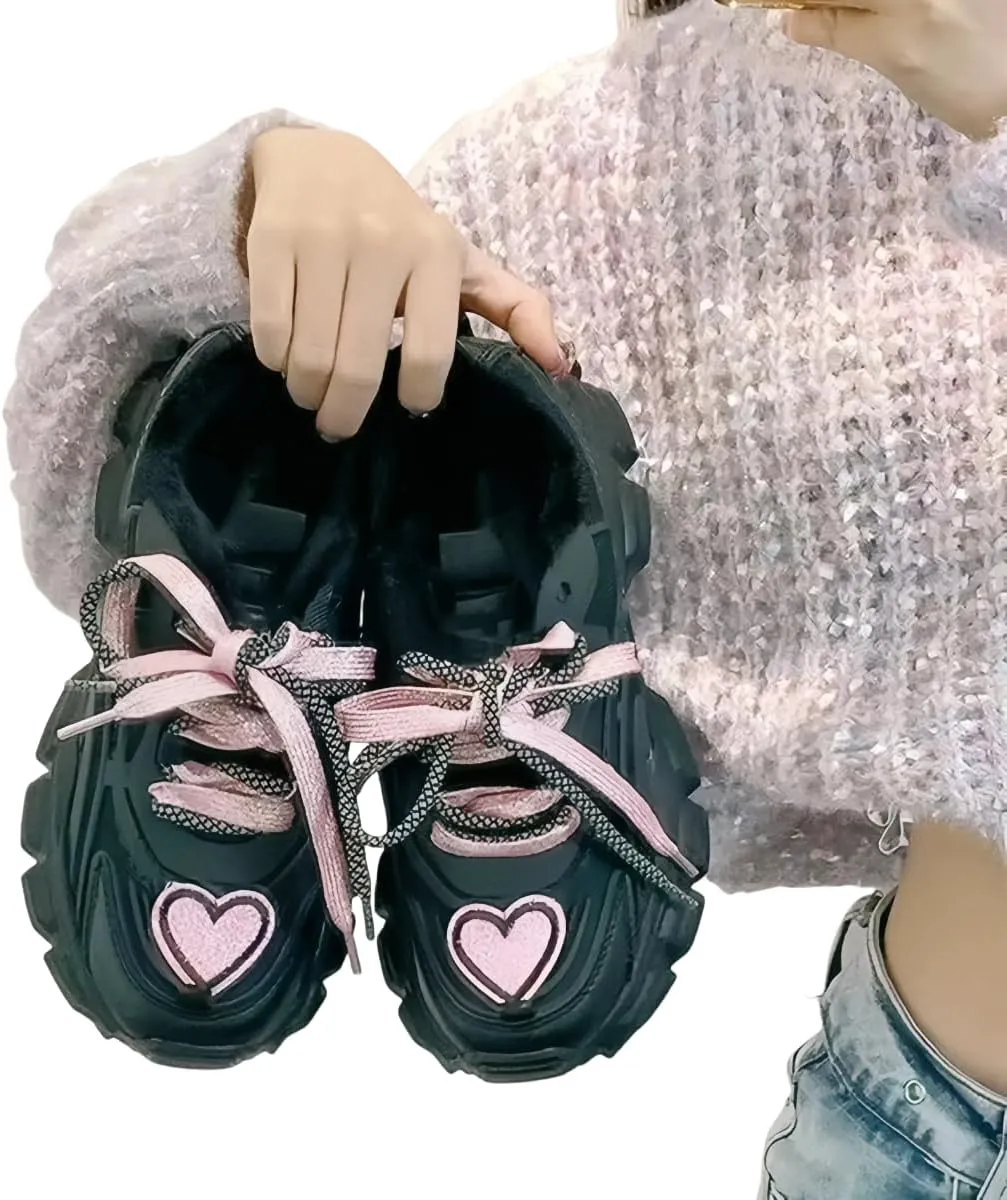 Shine Heart Pattern Sneakers Girls Y2K Streetwear Dad Shoes Sweet Hiphop Sport Style Cute Adorable Lace Up Ribbon Height Boost
