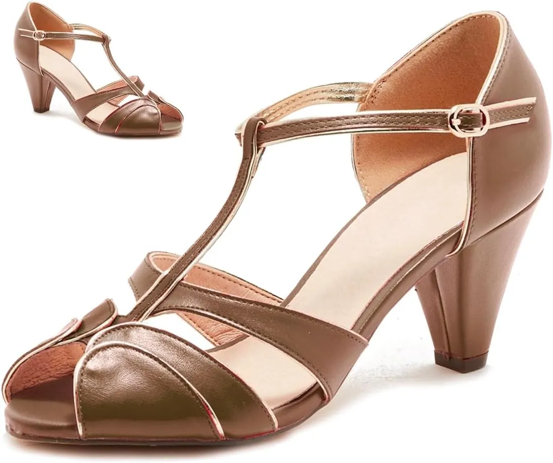 SHODENSE Women Round Open Toe Heeled Sandals Ankle T-Strap Kitten Heel Pumps Cut Out 2" Low Chunky Heel Sandal Shoes Dressy Strappy Buckle Mary Jane Heels Retro Elegant Wedding 4-11 M US