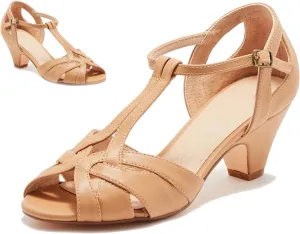 SHODENSE Women Round Open Toe Heeled Sandals Ankle T-Strap Kitten Heel Pumps Cut Out 2" Low Chunky Heel Sandal Shoes Dressy Strappy Buckle Mary Jane Heels Retro Elegant Wedding 4-11 M US